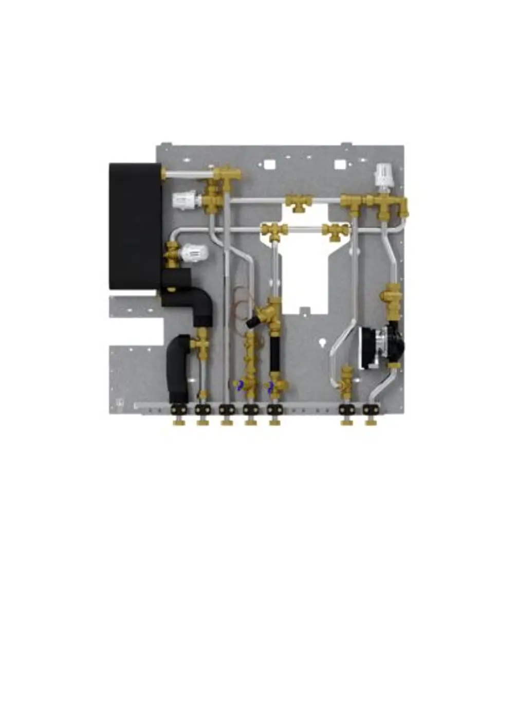 Produktbild der Stiebel Eltron Wohnungsstation WS-T 2 Plus S, 202527, zeigt ein komplexes Rohrsystem und Komponenten auf einer Montageplatte.